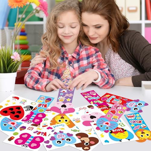 ANGOLIO Valentine's Day Bookmarks Craft Kits - 123Pcs Valentine's Day Animals Craft for Kids DIY Make Your Own Heart Animal Set Self-Adhesive Face Stickers for Kids Classroom Gifts Party Supplies - style: Valentine's Day Animals