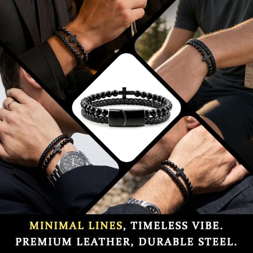 Mens Bracelet Christian Cross Braided Leather - color: E+black