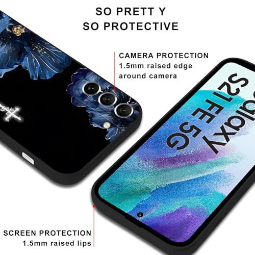 Vine Cross Blue Floral Black Phone Case for Samsung Galaxy S21 FE(5G) 6.4 Inch – Gothic Christian Flower Shockproof Protective Cover for Women Girls - color: Vines, size: for Samsung Galaxy S21 FE(5G)