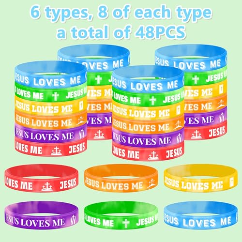 Lesnala 48 Pcs Jesus Loves Me Silicone Bracelets for Church 6 Styles - color: multicolour