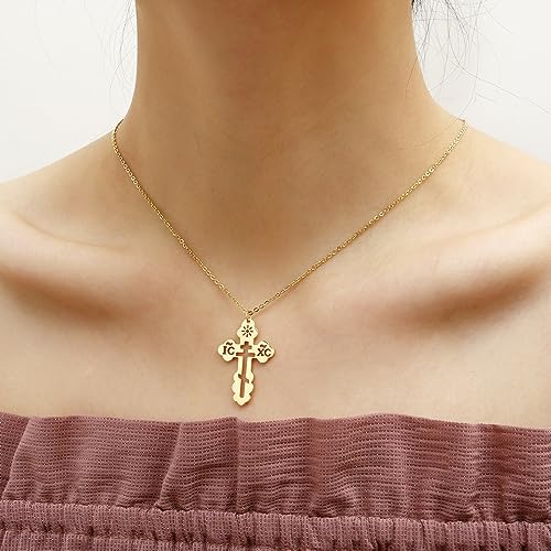 Stainless Steel Eastern Orthodox Cross Pendant Necklace,18K Gold Plated Women Religious Cross Christ Necklace Jewelry 18 Inch Chain - color: Gold