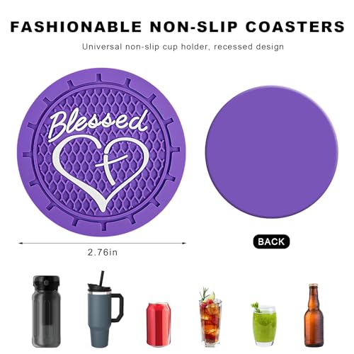 2PCS Car Cup Holder Coaster, 2.76 Inch PVC Anti Slip Car Cup Insert Coaster with Blessed Cross and Heart, Shockproof Dustproof Drink Mat Universal for Most Vehicles Interior (Dark Purple) - color: Dark Purple