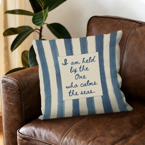 Inspirational Christian Coastal Pillow Cover 18x18, I Am Held by The One Who Calms The Seas Blue Beige Stripe Christian Ocean Beach Bible Verse Pillow for Home Bedroom Living Room Decor - color: Coastal