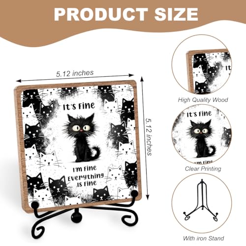 Cat Lover Gifts for Women Coworker, Funny Office Desk Decor, Wooden Plaque - style: Everything is fine