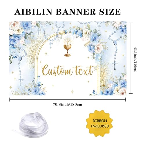 AIBIIN First Holy Communion Custom Backdrop for Boy Mi Primera Comunión Personalized Party Decorations Blue and Elegant Floral Party Banner Dove Bible God Bless Party Photo Prop 6x3.6ft - color: Blue Custom, size: 6x3.6ft