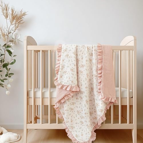Konssy 100% Cotton Muslin Baby Blanket with Ruffle Trim for Girls, 43"x39" - color: Blossom