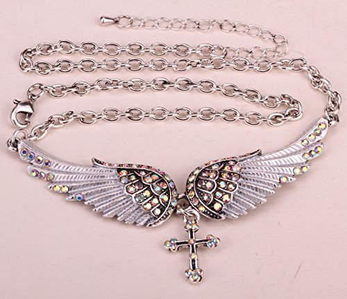 Szxc Jewelry Women's Crystal Guardian Angel Wings Cross Choker Pendant Necklaces 18"+2" - color: Color-changing Silver