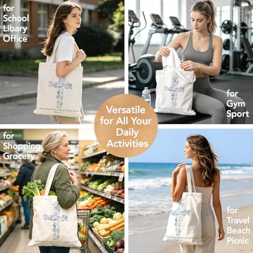 Christian Seashell Cross Canvas Tote Bag, Religious Coastal Gifts for Christian Women Mom Teachers Friends, Bible Verse Reusable Bag for Beach Church Shopping School Office