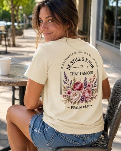 Christian Shirt for Women Be Still and Know Psalm 46:10 Graphic T-Shirt - color: Creamy Yellow-1, size: Small
