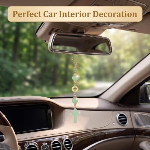 Green Crystal Cross Car Hanging Charm, Boho Blessing Rear View Mirror Ornament, Healing Stone Car Decor Accessories for Women - color: Green