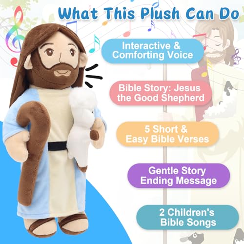 Yelakey Good Shepherd Jesus Plush Doll - 15'' Voice Jesus Holding Lamb Plush Toy Speaks 1 Story, 5 Bible Verses and 2 Children’s Songs Christian Plush Toy Gift for Kids, Easter & Sunday School