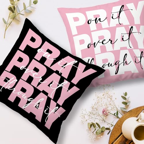 Pink And Black Christian Pray Decorative Throw Pillow Covers Set of 2, Bible Verse Pray on over through It Pillows Covers, Preppy Pillow Cases Decor for Prayer Room Couch Bedroom Dorm 18x18in - color: Pink Black