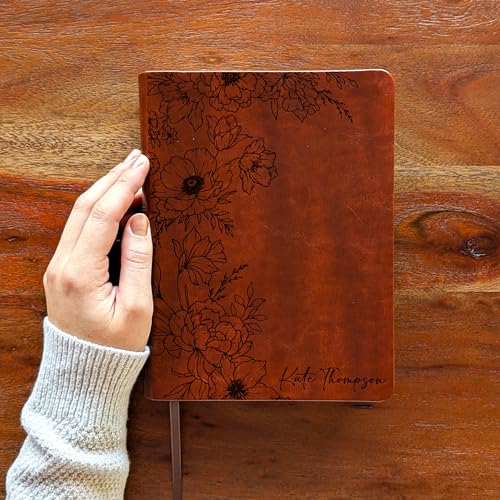 Personalized NLT Journaling Bible – Dark Brown LeatherLike | Filament Enabled | Custom Engraved Name | New Living Translation | 2.25” Wide Margins | Single Column Layout | Bible Journaling & Note-Taking (Peony)