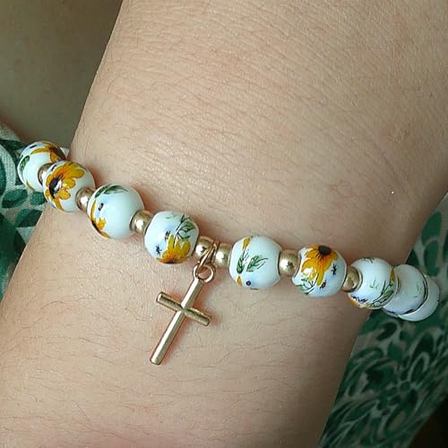 Cross Charm Bracelet for Women,Flower Floral Antique Vintage Bracelet Beaded and Cross Stretch Bracelet Aesthetic Religious Christian First Communion Baptism Confirmation Gifts Jewlery Gifts - color: Yellow