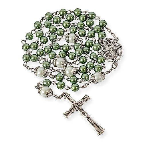 Nazareth Store Pearl Beads Rosary White Our Father Beaded Necklace Lourdes Medal & Cross Crucifix Spiritual Devotion - color: Green