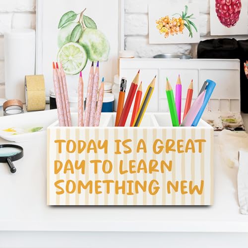 Inspirational Pen Pencil Holder Organizer for Desk, Motivational Gifts for Women, Today Is a Great Day to Learn Something New Wooden Box Sign for Home Office Desk Tabletop Decorations - color: colour26