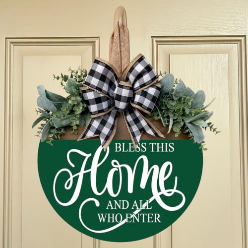 Bless This Home Welcome Sign for Front Door, Rustic Wood Wall Decor Porch Wreaths Hanging Door Decorations for Home Outdoor for Spring Summer Fall All Seasons Holiday - color: Green-12 Inch