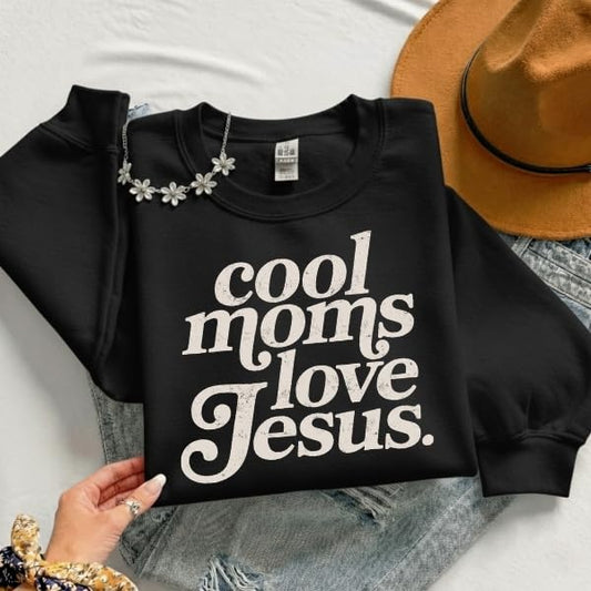 FITIN Cool Moms Love Jesus Christian Graphic Crewneck Sweatshirt – Distressed Design Faith-Based Pullover - color: Black, size: 3X-Large