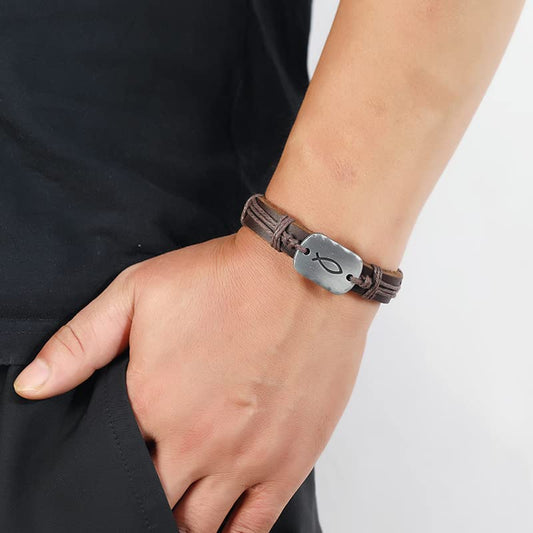 Sign of The Fish Men's Leather Wrap Bracelet Retro Braided Leather handmade Bracelet Adjustable for men - color: Brown