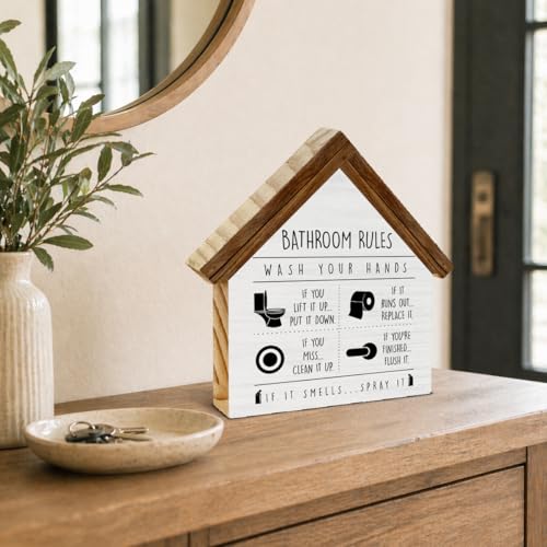 Funny Bathroom Decor, Bathroom Rules Warning House Shaped Wooden Sign, Rustic Restroom Toilet Decor for Home Farmhouse - color: bathroom