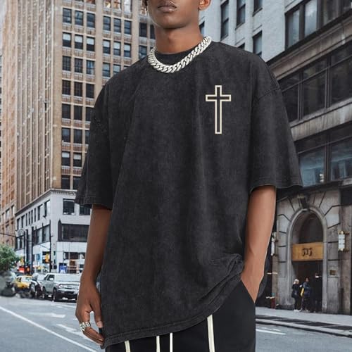 Fkatuzi Christian Cross Shirts for Men Jesus God Faith Religious Bible Verse Oversized Graphic Vintage Tees Acid Wash Tshirt - color: Black, size: Large