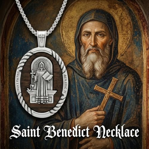 ONEFINITY Wooden Necklace Viking Wolf/St Benedict Medals/St Michael/Crucifix/St Christopher Pendant Necklace for Men Archangel Amulet Wooden Religious Jewelry Gifts for Men Women - style: St Benedict-Oval