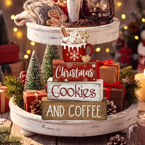 Lineshading 4 Pcs Christmas Coffee Table Decor, Hot Cocoa Wood Block Signs - style: Christmas Cookies and Coffee