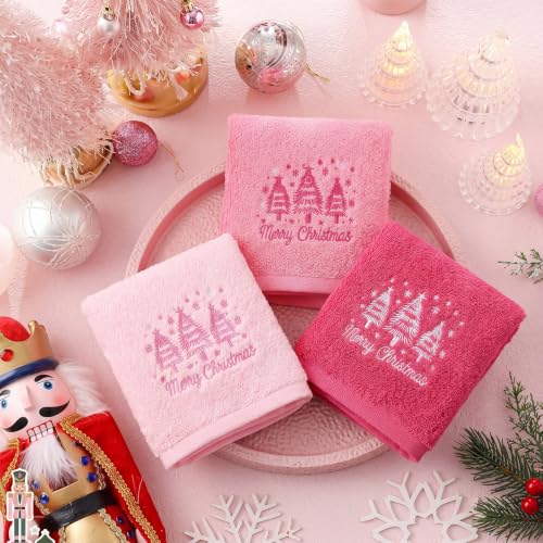3 Pcs Pink Merry Christmas Hand Towels Bathroom Decors, Pink, Xmas - color: Pink, size: Xmas