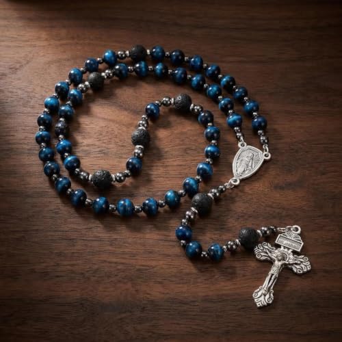Nazareth Store Blue Tiger Eye Rosary Beads, Handmade Catholic Rosary Necklace with Lava Stone Beads and Our Father Crucifix, Five Decade Prayer Rosary, Religious Gift - style: Our Father