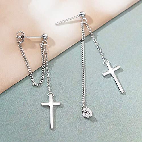 Cross Dangle Drop Earrings 925 Sterling Silver Chain Dropping for Women Girls Punk Ball Studs Hypoallergenic Jewelry - style: Silver