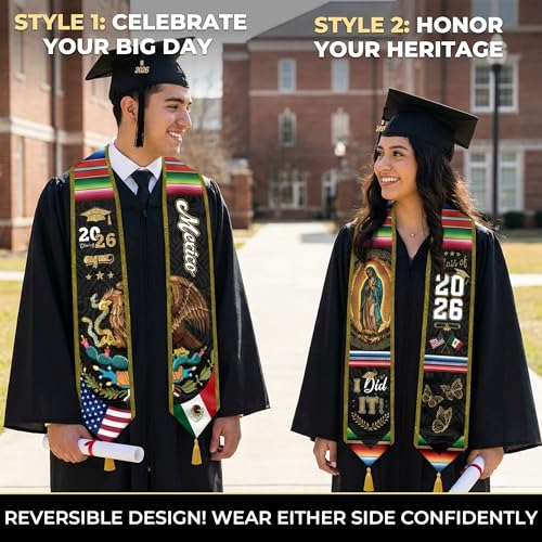 Graduation Stole Class of 2026 Reversible Sash with Gold Glitter Trim and Tassels V-Neck 72 Inch Satin - color: Mexico & America