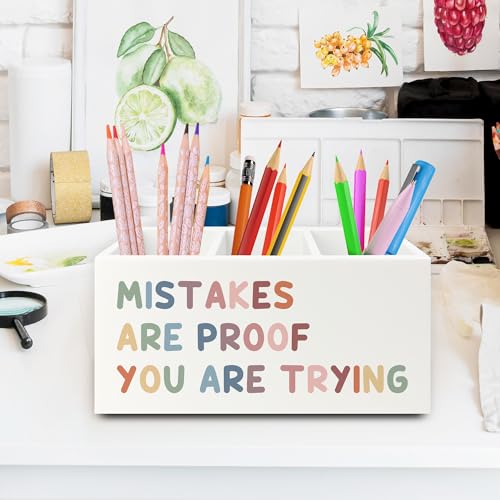 Boho Inspirational Pen Pencil Holder Organizer for Desk, Positive Inspirational Gifts, Mistakes are Proof You are Trying Motivational Wooden Box Sign for Classroom Desk Tabletop Decorations - color: colour29