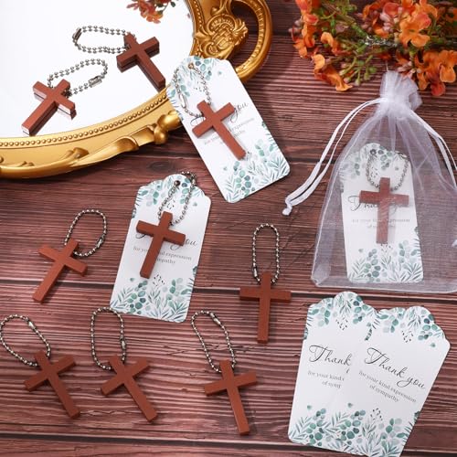 100 Sets Funeral Favors, Wooden Cross Keychain with Thank You Cards & Organza Bags – Memorial Guest Sympathy Gifts, Celebration of Life Keepsakes for Adults - style: Card 2