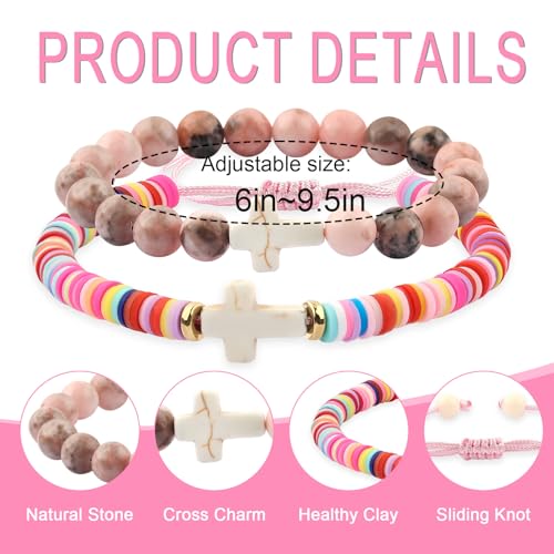 Cross Bracelet Baptism Gifts Easter Basket Stuffers First Communion Adjustable Clay and Stone Christ Holy Water Bracelet Faith Jewelry for Daughter Granddaughter Niece - color: Bless