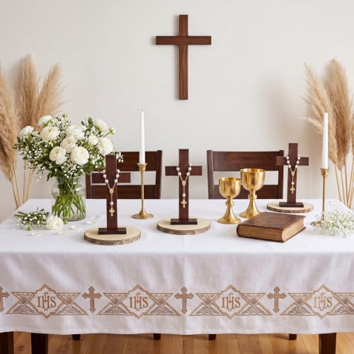 Novabright 6 Sets Baptism Centerpieces Table Decorations First Communion Wooden Cross Ornament Set with Mini Rosary Beaded Wood Slices for Baptism Celebration Church Ceremony Party Decor Gift