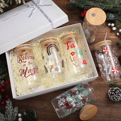 SiliFine 6 Pcs Christmas Glass Cups, 16 oz with Lids and Straws - style: Christmas