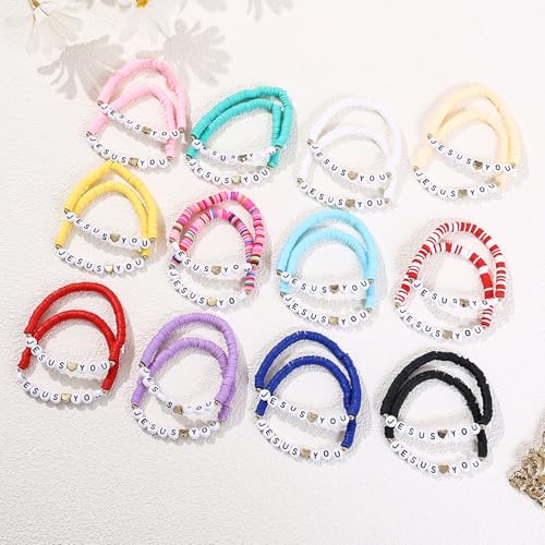 24Pcs Jesus Loves You Bracelets Bulk Handmade Clay Beads Bible Verse Bracelets Christian Friendship Jewelry Christmas Easter Gifts for Women Teen - color: Jesus 24-2