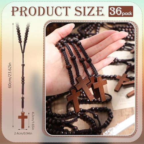 Tondiamo 36 Pcs Wooden Rosary Beads Cross Necklace Rosary Beads Catholic for Men Women Wooden Cross Necklace Bulk for Religious Jewelry Handmade Prayer First Communion Easter Baptism Christian Gift
