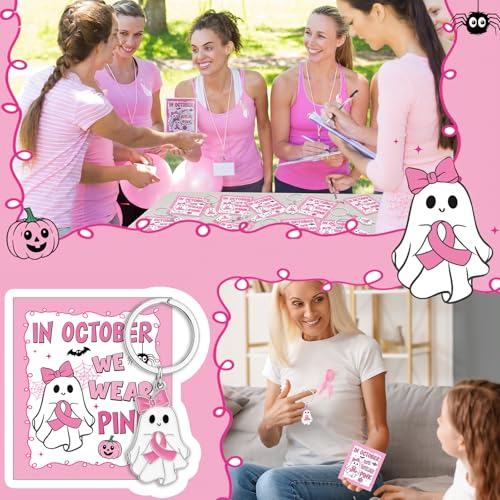 Yinkin 24 Sets Breast Cancer Awareness Keychians with Cards Bulk Pink Ribbon Halloween Ghost Bow Keychains Accessories for Women Survivor Public School Charity Events Gift Supplies - style: Pink Ghost
