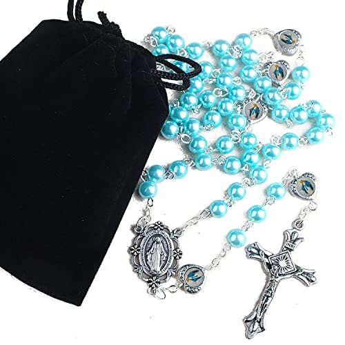 HanlinCC Catholic Miraculous Rosary Glass Pearl Beads Pray Card & Gift Bag - color: Blue