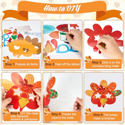 24 Sets Thanksgiving Turkey Masks Craft Kits DIY Turkey Face Mask Craft Kit - color: Turkey Masks