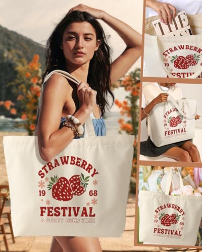 Miss Adola Large Tote Bag for Women - Canvas Tote Bag with Zipper Aesthetic Reusable Shoulder Bag for Gym, Travel, Work - style: Strawberry Festival