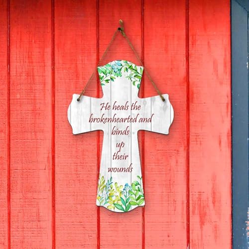 He heals the brokenhearted and binds up their wounds Cross Hanging Sign | Rustic Twine | Inspiring Religious Bible Decor - color: He Heals the Brokenhearted