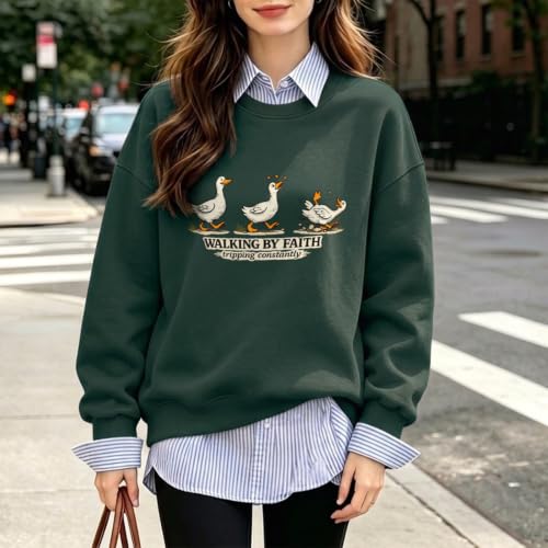 Silly Goose Christian Sweatshirts for Women Walking by Faith Tripping Constantly Sweatshirt Cute Graphic Crewneck - color: Green, size: Large
