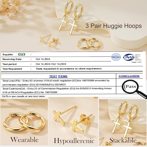 3Pairs Gold Cross Earrings for Women Hoops Huggie Earrings Stack Set - color: Gold-2