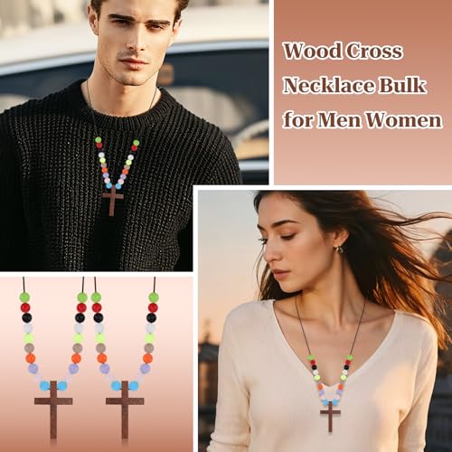 34Set DIY Wood Cross on Cord Pendant Necklaces 34Wooden Cross Charms 500Colorful Assorted Beads and 20m Wax Cord Wooden Crosses Necklaces Christian Crafts for Religious Easter Christian Party Favor