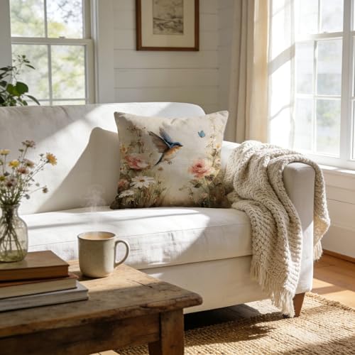 Vintage Spring Bird Throw Pillow Cover 18x18, Cottagecore Farmhouse Spring Blooming Flowers Bird Decorative Pillow Covers for Home Living Room Bedroom Bed Couch - color: 12color