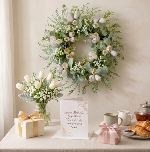 20" White Tulip Wreath for Front Door Spring Summer Easter Décor