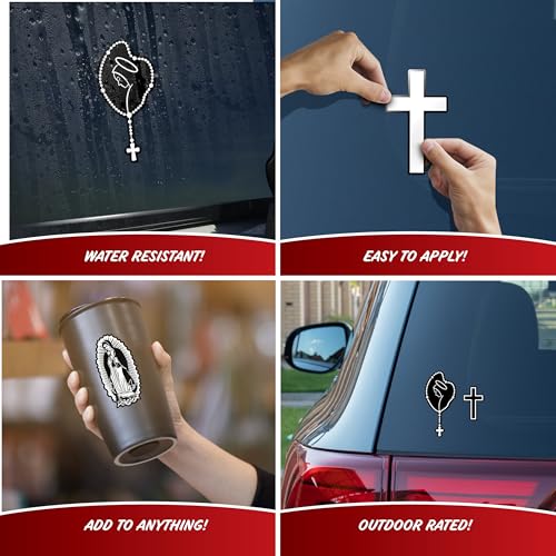 Religious Decals for Car Truck Tablet Tumbler Cell Phone - Set of 4 Black & White Mary Rosary, Lady of Guadalupe, Christian Cross - style: Religious Group