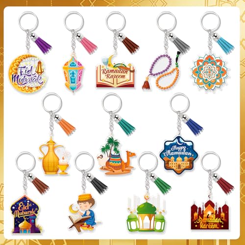 HOWAF 12pcs Eid Ramadan Keychains Set, Eid Mubarak Acrylic Keychain Making Kits with Rings and Tassels, Ramadan Mubarak DIY Craft Keyring for Muslim Celebration Gift Set